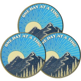 One Day at A Time Sobriety Coin Mountain Sunrise AA NA Sobriety Chip for Women Men Addiction Recovery Medallion (Pack of 3)