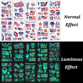 10 Sheets Independence Day Temporary Tattoo for Kids Adults Luminous 4th of July Fake Tattoos USA Flag Red White Blue Patriotic Party Supplies Tattoo Stickers Glow at Night for Memorial Day Labor Day