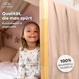 lilimaus House Bed Canopy, Made of 100% Cotton Muslin, Handmade, Fabric Bed Decoration, Girls and Boys, Children, Bed Curtain for Children's Bed, Beige Pink