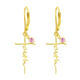 PRAYMOS Gold Cross Earrings for Women Sterling Silver Dangle Drop Pink October Birthstone Faith Earrings Inspirational Religious Christian Confirmation Gifts, Sterling Silver, Cubic Zirconia