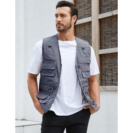 Gihuo Men's Fishing Vest Utility Safari Travel Vest with Pockets Outdoor Work Photo Cargo Fly Summer Vest (SteelGrey, X-Large)