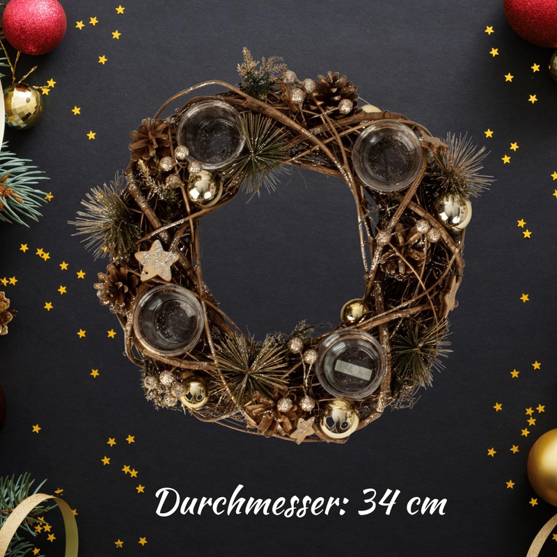 Christmas Advent Wreath Made of Multiple Materials Round with Gold/Brown