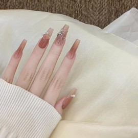 Press On Nails With Glue, Stick on Nails，Glue on Nails Fake False Nails，Short Blallet Square Shape on 24PCS for Women and Girls (Gradient Butterfly)