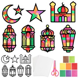 BOOMTOP 16 Window Pictures Ramadan Crafts Eid Mubarak Window Pictures Craft Set Children Ramadan Decorative Sticker Window Decoration Eid Al-Fitr Decoration Stars Moon Decals Sticker Islam Muslim