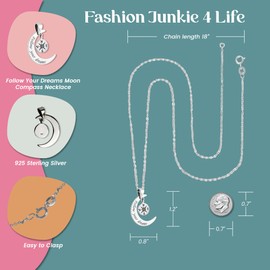 FashionJunkie4Life Sterling Silver Follow Your Dreams Crescent Moon w/Compass Pendant Necklace, 18" Chain