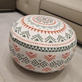 MOCOFO Unstuffed Round Pouf Covers Boho Colorful Geometric Ottoman Pouf Cover with Handle Design,Decoration Footstool for Living Room,Bedroom,Patio (Sage Green/Terracotta)