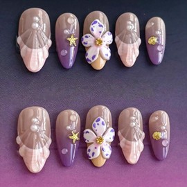 30Pcs Purple Flower Press on Nails Medium Almond French Tip Fake Nails with Gold Shell Starfish Gems Design Summer Stick on Nails Full Cover Artificial Glue on Nails Handmade False Nails for Women DIY