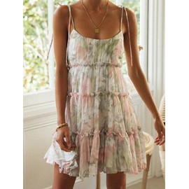 kinstell Women's Boho Spaghetti Strap Ruffle Square Neck Bowknot Backless Sleeveless Elegant Flowy Mini Short Skater Dresses Green