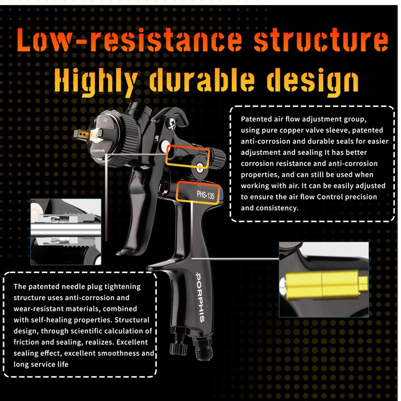 PORPHIS Automotive Refinishing Spray Gun PHS-135 Middle Pressure 1.3mm Nozzle