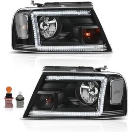 PIT66 LED DRL Headlights HeadLamps Assembly Halogen Compatible with Ford F150 2004-2008, Compatible with Lincoln Mark LT 2006-2008 Clear Lens Black Housing Clear Reflector FO2503247, FO2502247