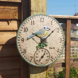 Garden Mile Garden Clock and Thermometer 30cm Blue Bird Design Durable Quartz Clocks Outdoor Wall Decor Decorative Wall Clock for Patio Kitchen Living Room Decor