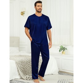 SWOMOG Men Satin Pajama Set Short Sleeve Pj Set 2 Pcs Loungewear Silk Sleepwear Half Button Down Long Pants with Pockets Deep Navy Blue Large