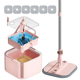 KZKR Square Spin Mop and Bucket Set with Self Separation Dirty and Clean Water System,Self Wringing 360° Rotating Mops Head for Home Floors Cleaning (2.0 mop Bucket Set with 6 Pads)