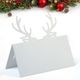 50Pcs Christmas Place Cards for Table, Christmas Name Place Cards for Table Christmas, Antler Table Name Cards, White Xmas Table Cards Christmas Table Settings Seat Cards for Wedding Party Decoration