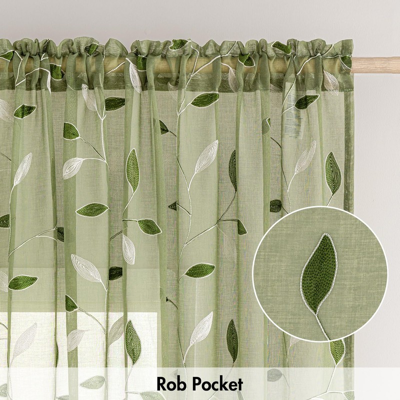 MIULEE Sage Green Sheer Curtains 2 Panels Embroidered Leaf Patterned