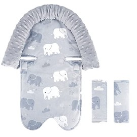 Car Seat Cushion and Strap Covers for Boys, Gray Car Seat Insert for Girls Boys, Soft Unisex Strap Covers Fit for Car Seats, Elephant