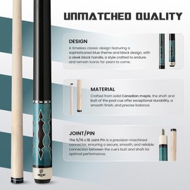 Big Cat Timeless Legacy Pool Cue Stick - Grade A Canadian Maple, 12.5mm Professional Leather Tip, 58” Length, Premium Billiard Cue for Adults – Home or Tournament Play - 20oz, Blue Black