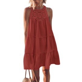 BTFBM Women Summer Halter Dresses Casual Spring 2025 Sleeveless A-Line Tiered Swing Mini Dress Beach Vacation Sundress(Rust Red, Small)