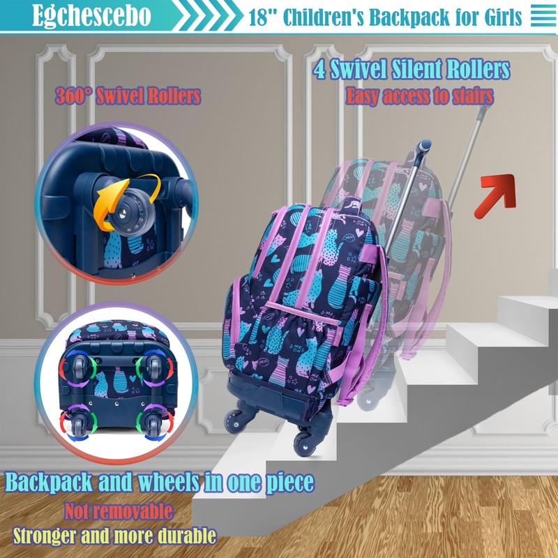 Egchescebo Kids Rolling Backpack for Girls Mermaids Suitcases Trolley Roller