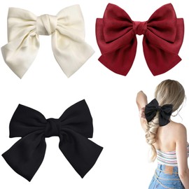 Bow Hair Clip, Black Hair Bow, Hair Bows Barrettes Solid Color, Red Bow, Big Silky Satin Hair Bow Clips, Soft Satin Silky Hair Bows for Women Girls, Christmas Hair Bows (Red & Black & White)
