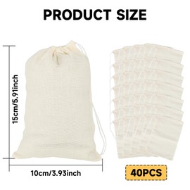 Pack of 40 Spice Bags, 15 x 10 cm Spice Bags for Cooking with Drawstring, Tea Bags for Self-Filling Reusable, Cotton Bags for Loose Tea, Coffee, Filter, Spices