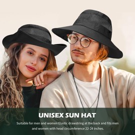 Sun Hat for Men Women Summer Wide Brim Mesh Safari Hat UV Protection Bucket Hats Waterproof & Breathable Fishing Boonie Hats for Walking Hiking (Black)