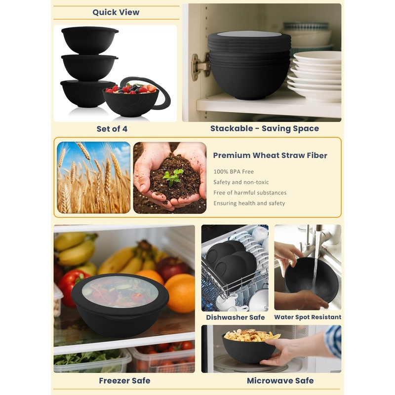 Homienly Wheat Straw Bowls with Lids, Unbreakable 40 OZ Salad