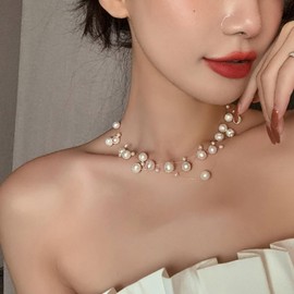 Niaspi Dainty Multi Pearl Choker Necklace for Women Retro 1920S Layered Imitation Beaded Pearl Necklaces Elegant Muliple Dainty Wedding Bridal Bridesmaid Cocktail Party Costume Accessory Jewellery