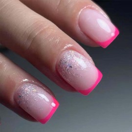 Square Press On Nails Short Fake Nails Pink French Tip False Nails With Glitter Design Nude Glue On Nail Reusable Acrylic Stick On Nail For Women Girls Manicure 24pcs