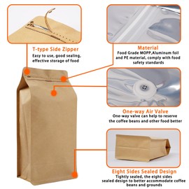 Coffee Bags with Valve (50 PCS,16oz/1lb) Kraft Paper High Barrier Aluminum Foil Flat Bottom Standing Coffee Beans Storage Packaging Bags,Reusable Heat Seal Side Zipper Pouches for Small Business&Home