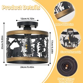 MLGB Rustic Deer & Bear Semi-Flush Mount Ceiling Light, Farmhouse Lodge Cabin Metal Fixture for Living Room, Bedroom, Hallway or Entryway, 9.5" E26 Base (Bulb Not Included)