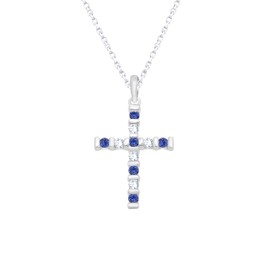 Shineadime Cross Pendant Necklace Round Cut Simulated Blue Sapphire And 0.13 Ct Natural Diamond Bar Set Along With 18" Chain In 14k White Gold Plated (0.33 Cttw)