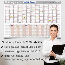 Holiday Planner 2026 Employees - B1 (98 x 64 cm), Holiday Calendar for 26 Employees - Wall Calendar 2026 with Holidays & School Holidays - Clear Year Planner for Office, Operations & Teams, Foldable