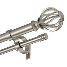 Brushed Nickel Double Curtain Rods 72-144", Decorative Double Curtain Rods with Round Cage & Barrel Finials, 1-Inch Front and 5/8 Inch Back Double Rod Curtain Rod, Adjustable Double Drapery Rod