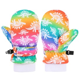 QKURT Kids Ski Mittens, Waterproof Winter Warm Snow Gloves, Cute Cartoon Dinosaur Gloves, Thick Fleece Lining Thermal Mittens Snowboard Skating Mittens for Boys Girls Aged 0-8