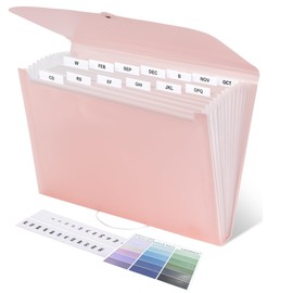 Lamitocs Expanding File Folder A4,13 Pockets File Organiser with Colored Tags, Paperwork A4 Plastic Wallet Document Storage Expander for School,a and Home, Pink