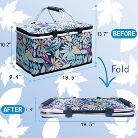 Insulated Picnic Basket for 2, Folding Grocery Basket Insulated Cooler Bag, Collapsible Shopping Baskets with 29L Large Market Basket with Handles for Picnic Travel Food Delivery Market Shopping Blue