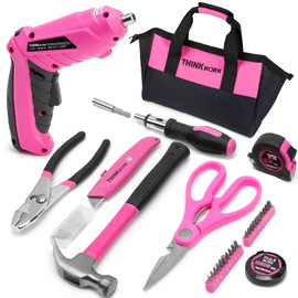 THINKWORK 41 Piece Pink Tool Set - Lady's Hand Tool Set with 3.6V Rotatable Electric Screwdriver, Home Repairing Tool Kit for Women with Large Mouth Open Tool Bag, Perfect for Home DIY, Daily Use