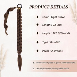 2 Packs Light Brown Long Braided Ponytail Extensions with Hair Ties Natural Soft Synthetic Hair Piece for Black Women Straight Wrap Around Hair Extensions Ponytail