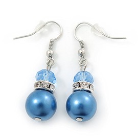 Violet Blue Faux Glass Pearl Crystal Drop Earrings/Silver Tone/ 40mm L