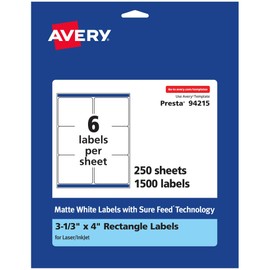 Avery Matte White Rectangle Labels with Sure Feed, 3-1/3" x 4", 1,500 Matte White Printable Labels