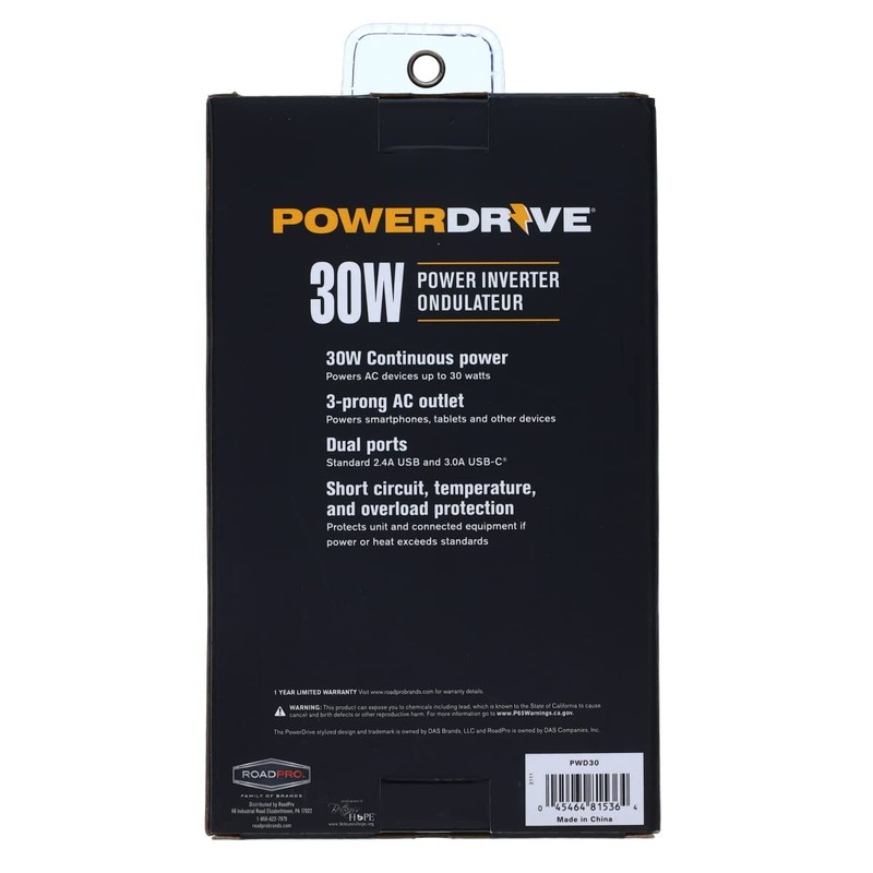 PowerDrive PWD30 30 Watt Power Inverter Car Plug Adapter 12v
