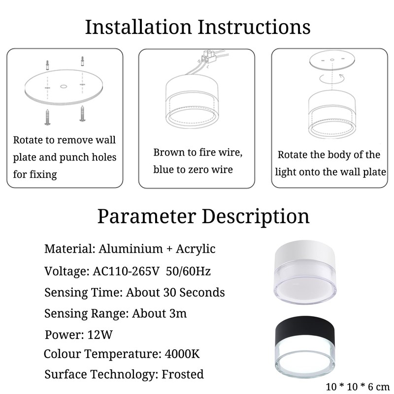 LED Surface-Mounted Ceiling Light with Radar Motion Sensor, 12 W