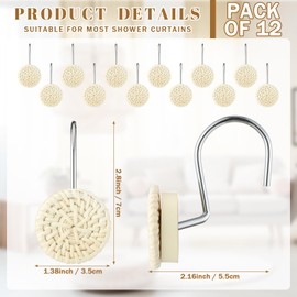 Colingmill 12 Pcs Boho Knots Shower Curtain Hooks Home Decorative Shower Curtain Rings Woven Wicker Ratten Decorative for Bathroom Farmhouse Curtain Hangers Accessories (White)