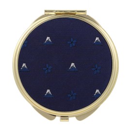 FORTUNA Tokyo Compact Mirror, Nishijin Textile Silk Hand Mirror, Double-Sided Mirror, Magnifier, Made in Japan, Round Size, Mt. Fuji and Cherry Blossom Pattern -18, Hokusai (Blue/Gold)