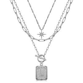 MJartoria Layered Initial Necklaces for Women Trendy, 14K Gold Plated Simple Star Choker Square Letter Pendant Necklace, Paperclip Chain Necklace, Gold Necklaces Jewelry Gifts (Silver, L)