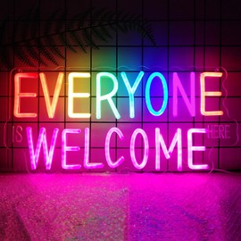 Everyone is Welcome Here Neon Sign, Dimmable Classroom Neon Sign Lights for Wall Decor, USB Positive Affirmation LED Neon Light, Welcome Signs for Classroom Teacher Gifts Rainbow Pride Diversity Decor