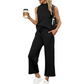 Sampeel Lounge Sets for Women 2 Piece Summer Spring Outfits Matching Sets Fashion Clothing Vacation Comfiest Airport Outfits Business Casual Work Wide Leg Crop Pants Travel 2025 Black L