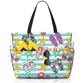 Slippers Beach Totes Pool Bags For Women Colorful Flip Flops Vivid Summer Waterproof Pool Beach Tote Bag Waterproof Sandproof Swim Tote Bags With Zipper Pockets For Women For Holiday Travel Gym