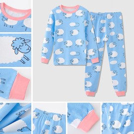 UMELOK Toddler Girls' Long Sleeves Pajama Sets Animals Books Tropical Flowers Pyjamas Blue, Sheeps 1-2 Years